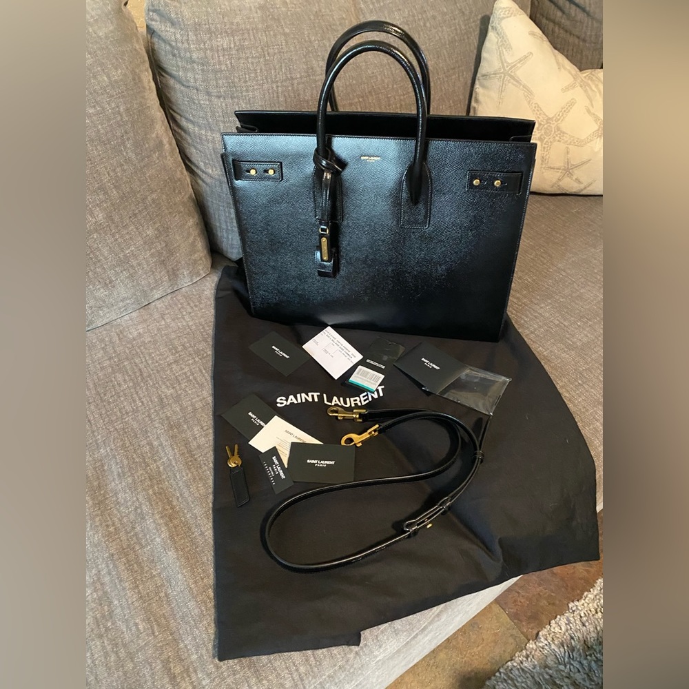 Saint Laurent Black Leather Structured Tote with Gold Hardware